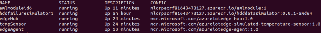 Snapshot of 3 custom modules with 2 Edge runtime modules deployed on a Raspberry Pi 3 B+ model. A maximum of 8 custom user-built modules can run on an IoT Edge device.