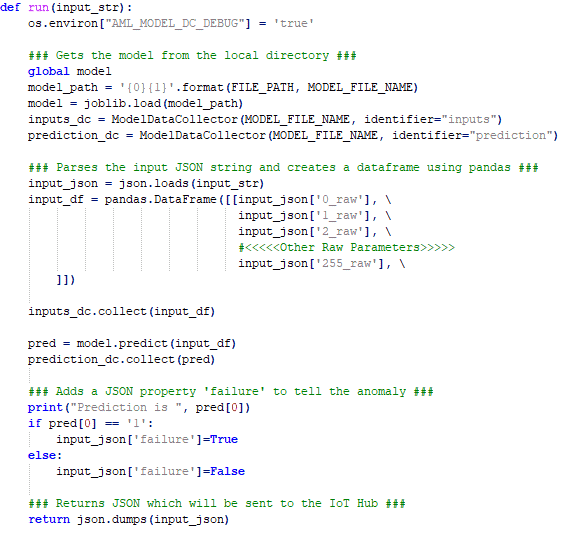 Python code to get the input string from the C# module, detect anomaly using the trained dataset and return the JSON with additional failure property which tell the anomaly.