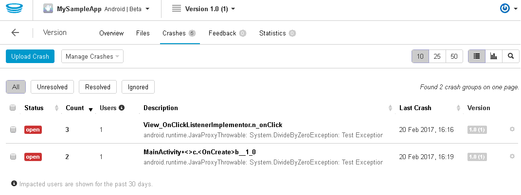 crashes section hockeyapp